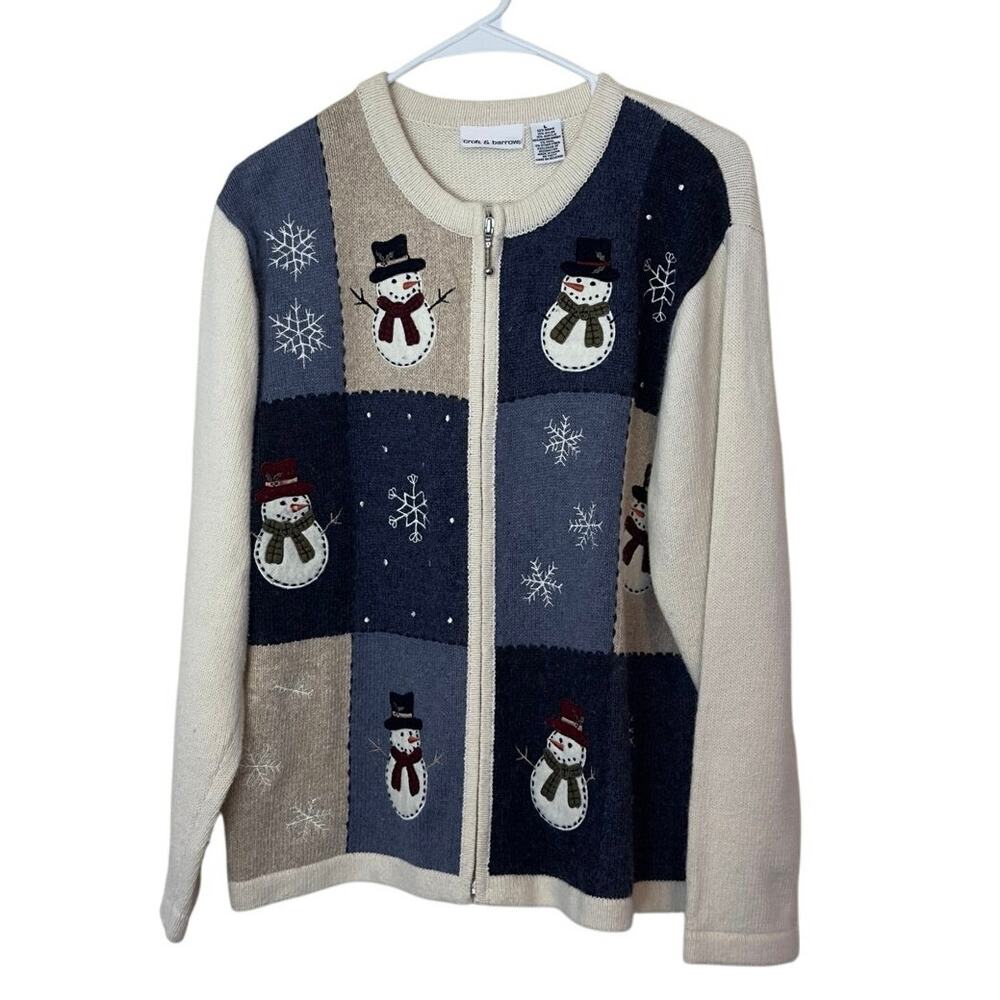 Vintage Croft & Barrow Full Zip Winter Sweater Size L Holiday Christmas Snowman